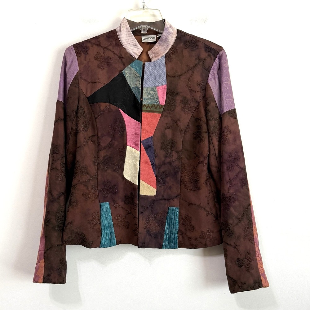 Chicos Patchwork Jacket 0 Small Tapestry Lined Silk Blend Blazer Hook Eye Party